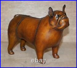 1 Of 2 New Old Stock Liberty Style Omersa Brown Leather Footstool French Bulldog