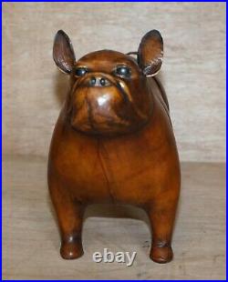 1 Of 2 New Old Stock Liberty Style Omersa Brown Leather Footstool French Bulldog