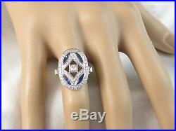 18K Old European Cut Diamond Ring Blue Sapphire Vintage Style Art Deco Retro