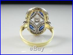 18K Old European Cut Diamond Ring Blue Sapphire Vintage Style Art Deco Retro