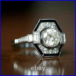 1920's Old Vintage Hexagonal Style 3 Ct Round Cut Lab-Created Diamond Onyx Rings