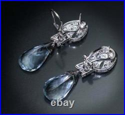1930s Art Deco Vintage Style Pear Shape Aquamarine & Old Mine Cut CZ Earrings