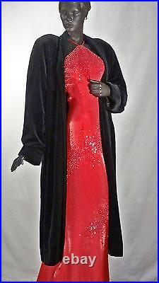 1940s Style Opera Coat Black Velvet Old Hollywood Sz L #1228