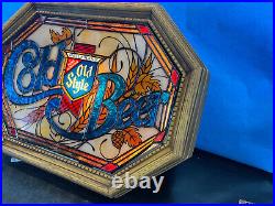 1981 Vtg Old Style COLD BEER Faux Stained Glass Bar Lighted Sign Heilleman's c