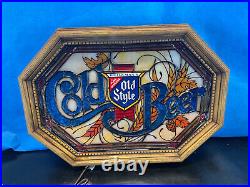 1981 Vtg Old Style COLD BEER Faux Stained Glass Bar Lighted Sign Heilleman's c