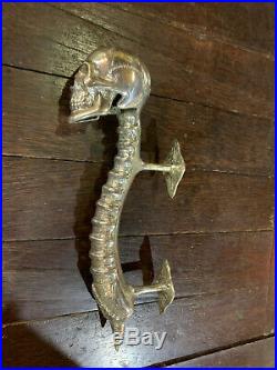 2 SKULL handle DOOR PULL spine BRASS old vintage style silver plated 13 long B