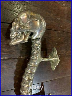 2 SKULL handle DOOR PULL spine BRASS old vintage style silver plated 13 long B