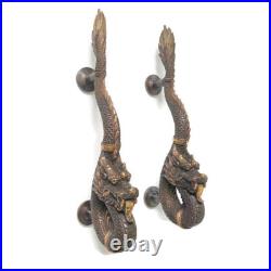 2 massive Dragon door pull 50cm aged heavy brass vintage old style house handle