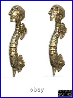 2 small SKULL handle DOOR PULL spine BRASS old vintage style Polished 8 B