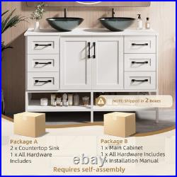 48-inch Large Bathroom Vanity with Tempered Glass Double Sink Open Shelves White