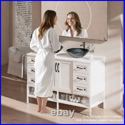 48-inch Large Bathroom Vanity with Tempered Glass Double Sink Open Shelves White