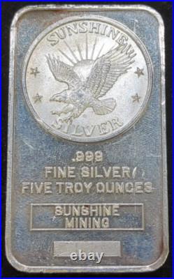 5 ozt Sunshine Mining. 999 Fine Silver Bar Toning VINTAGE Rare Old Style(J127) 5 ozt Sunshine Mining. 999 Fine Silver Bar Toning VINTAGE Rare Old Style(J127)