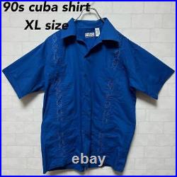 90S Chic Elegant Cuban Shirt Embroidery Decoration Old Clothes Xl Blue