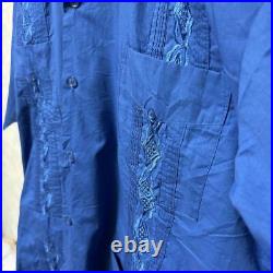 90S Chic Elegant Cuban Shirt Embroidery Decoration Old Clothes Xl Blue