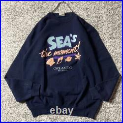 90S Usa Made Vintage Print Sweatshirt Navy Brushed Lining Xl Size Old Clothes Am