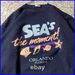 90S Usa Made Vintage Print Sweatshirt Navy Brushed Lining Xl Size Old Clothes Am