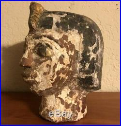 Ancient Egyptian Style Mummy Head Wooden Pharaoh Tomb Old Vintage Painted