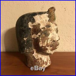 Ancient Egyptian Style Mummy Head Wooden Pharaoh Tomb Old Vintage Painted