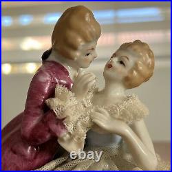Antique Dresden Style Porcelain Figurines 7 Lace 100 Yr Old Man Woman Dancing