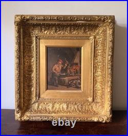 Antique Dutch Genre Scene Oil Painting After Adriaen Van Ostade Interior