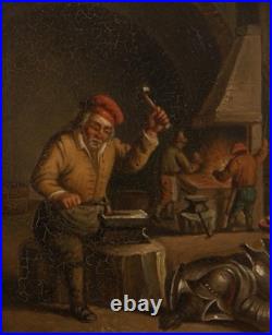 Antique Dutch Genre Scene Oil Painting After Adriaen Van Ostade Interior