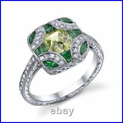 Antique Edwardian Style Fancy Yellow Old Mine Cut Diamond and Emerald Ring