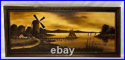 Antique Old Vintage Dutch Style Windmill Oil Painting Gilt & Painted Wood Frame