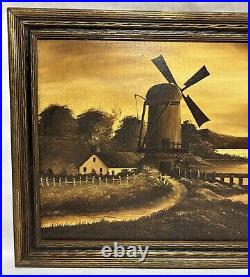 Antique Old Vintage Dutch Style Windmill Oil Painting Gilt & Painted Wood Frame