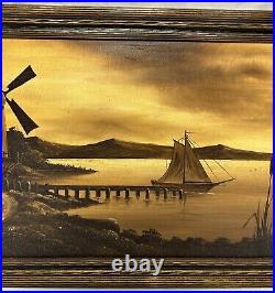 Antique Old Vintage Dutch Style Windmill Oil Painting Gilt & Painted Wood Frame