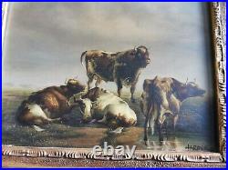 Antique / Old Vintage Style Oil Painting on Metal. Signed Highland Cattle