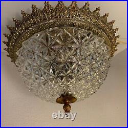Antique Ornate Brass Ceiling Light Lamp French Style Fixture & Faceted Glass OLD