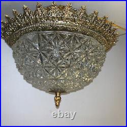 Antique Ornate Brass Ceiling Light Lamp French Style Fixture & Faceted Glass OLD