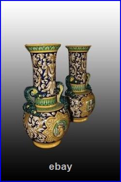 Antique Pair Italian Vases Porcelain Neo-renaissance Style Majolica Rare Old 20c