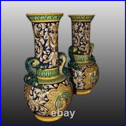Antique Pair Italian Vases Porcelain Neo-renaissance Style Majolica Rare Old 20c