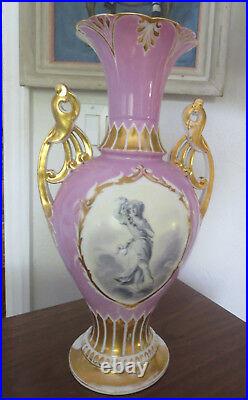 Antique Pink Old Paris Porcelain Urn Style Vase with Hand Painted Figure