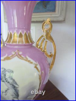 Antique Pink Old Paris Porcelain Urn Style Vase with Hand Painted Figure