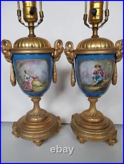 Antique Sevres Style Old Paris Celeste Blue Porcelain Lamps with Gilr Ram's Heads
