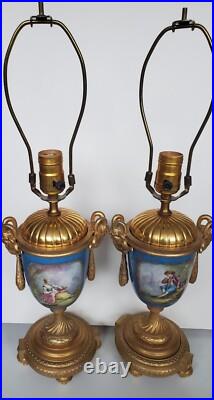 Antique Sevres Style Old Paris Celeste Blue Porcelain Lamps with Gilr Ram's Heads