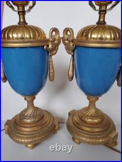 Antique Sevres Style Old Paris Celeste Blue Porcelain Lamps with Gilr Ram's Heads