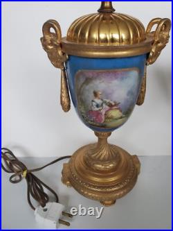 Antique Sevres Style Old Paris Celeste Blue Porcelain Lamps with Gilr Ram's Heads