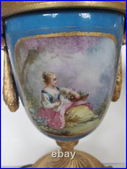 Antique Sevres Style Old Paris Celeste Blue Porcelain Lamps with Gilr Ram's Heads