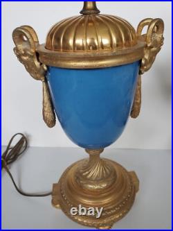 Antique Sevres Style Old Paris Celeste Blue Porcelain Lamps with Gilr Ram's Heads