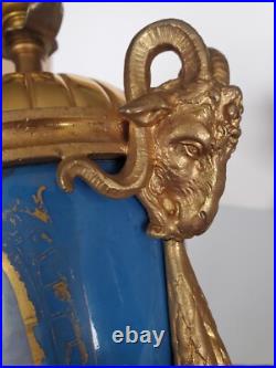Antique Sevres Style Old Paris Celeste Blue Porcelain Lamps with Gilr Ram's Heads