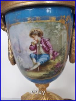 Antique Sevres Style Old Paris Celeste Blue Porcelain Lamps with Gilr Ram's Heads