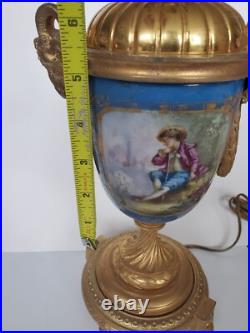 Antique Sevres Style Old Paris Celeste Blue Porcelain Lamps with Gilr Ram's Heads