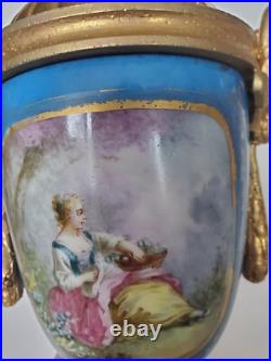 Antique Sevres Style Old Paris Celeste Blue Porcelain Lamps with Gilr Ram's Heads