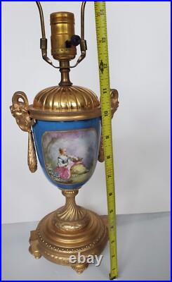 Antique Sevres Style Old Paris Celeste Blue Porcelain Lamps with Gilr Ram's Heads