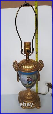 Antique Sevres Style Old Paris Celeste Blue Porcelain Lamps with Gilr Ram's Heads