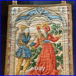 Antique Tapestry Medieval Style Germany Nobleman Lady Hinges Decor Rare Old 20th