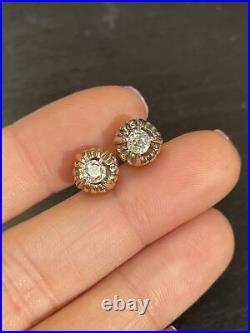 Antique Victorian Old Mine Cut Diamond Earrings in 14K Yellow Gold Russian Style